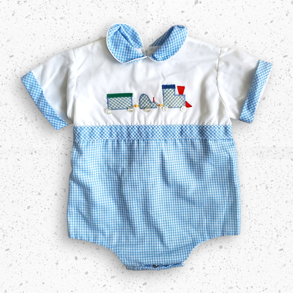 VTG 80s Baby Train Themed Romper by Jayne Copeland Sz 3M - Picture 1 of 6